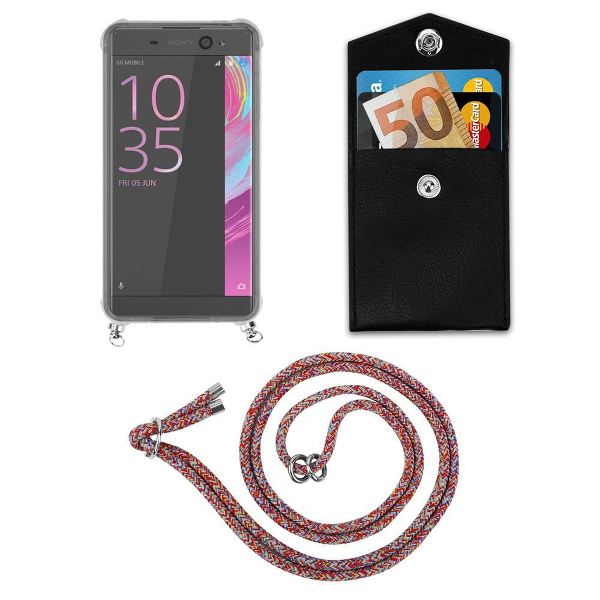 CADORABO Handy Kette abnehmbarer mit XA, Backcover, PARROT Hülle, Kordel COLORFUL Sony, Ringen, Band Xperia und Silber