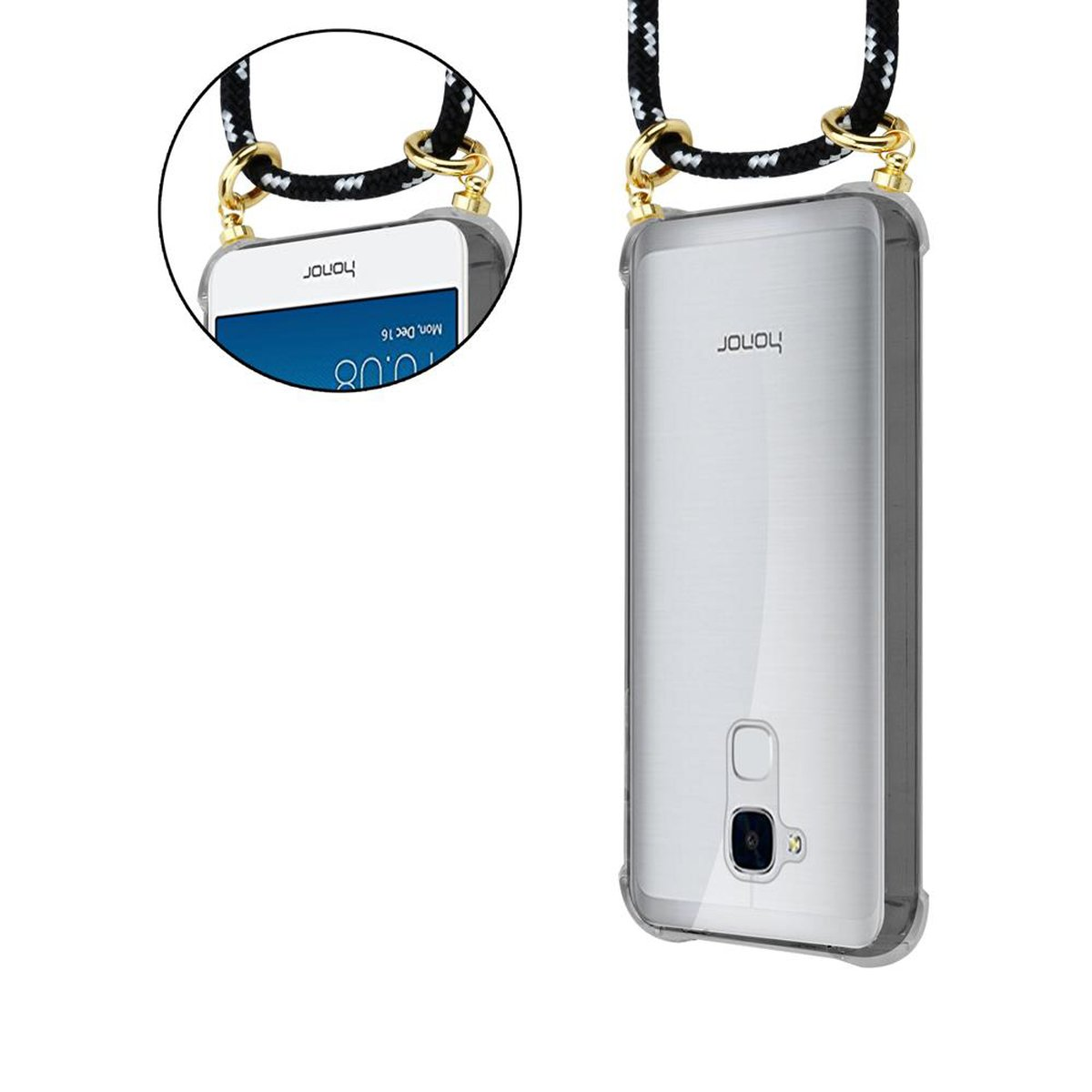 Handyhülle mit Umhängeband. Telefon sichtbar, sagt Honor. Umhängeband mit goldenen Ringen, schwarz-weiß.