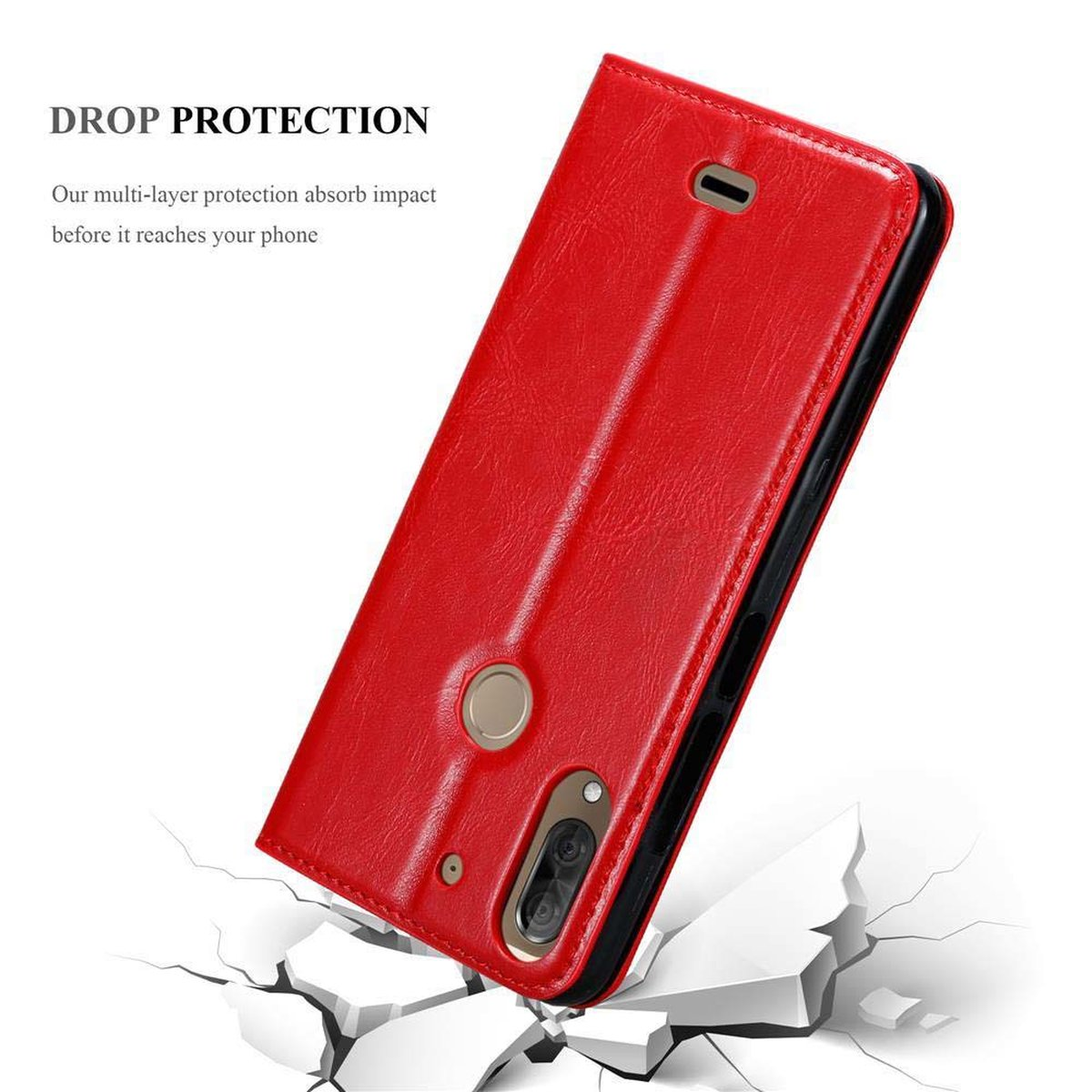 Eine rote Handyhülle ist geöffnet, mit einem Telefon darin und zerbrochenem Boden darunter.