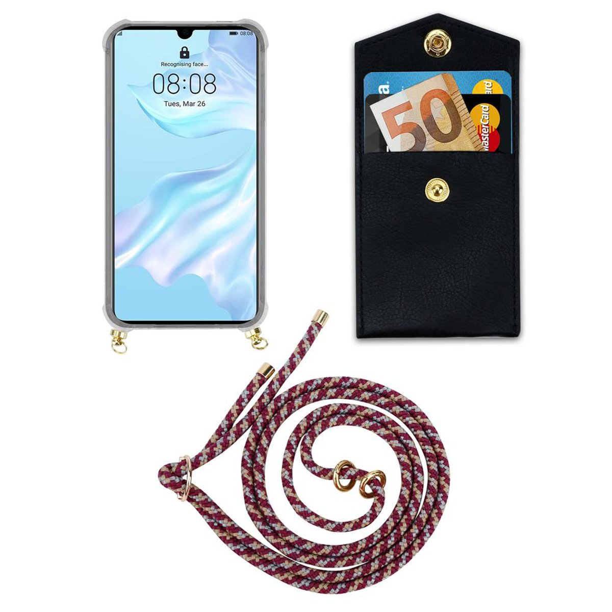 CADORABO Handy Kette Huawei, Ringen, und Band Kordel Backcover, abnehmbarer P30, WEIß mit Hülle, Gold ROT GELB