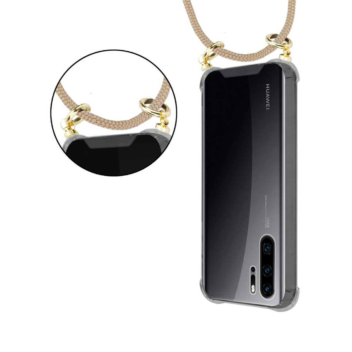 CADORABO Handy Kette mit Gold Kordel Ringen, Band Backcover, BRAUN abnehmbarer Hülle, P30 GLÄNZEND PRO, und Huawei