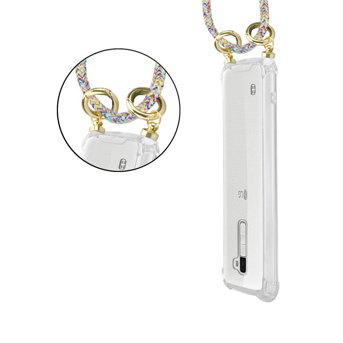 Handyhülle mit Lanyard, weißes Telefon sichtbar. Goldfarbene Aufsätze. Weißer Hintergrund.