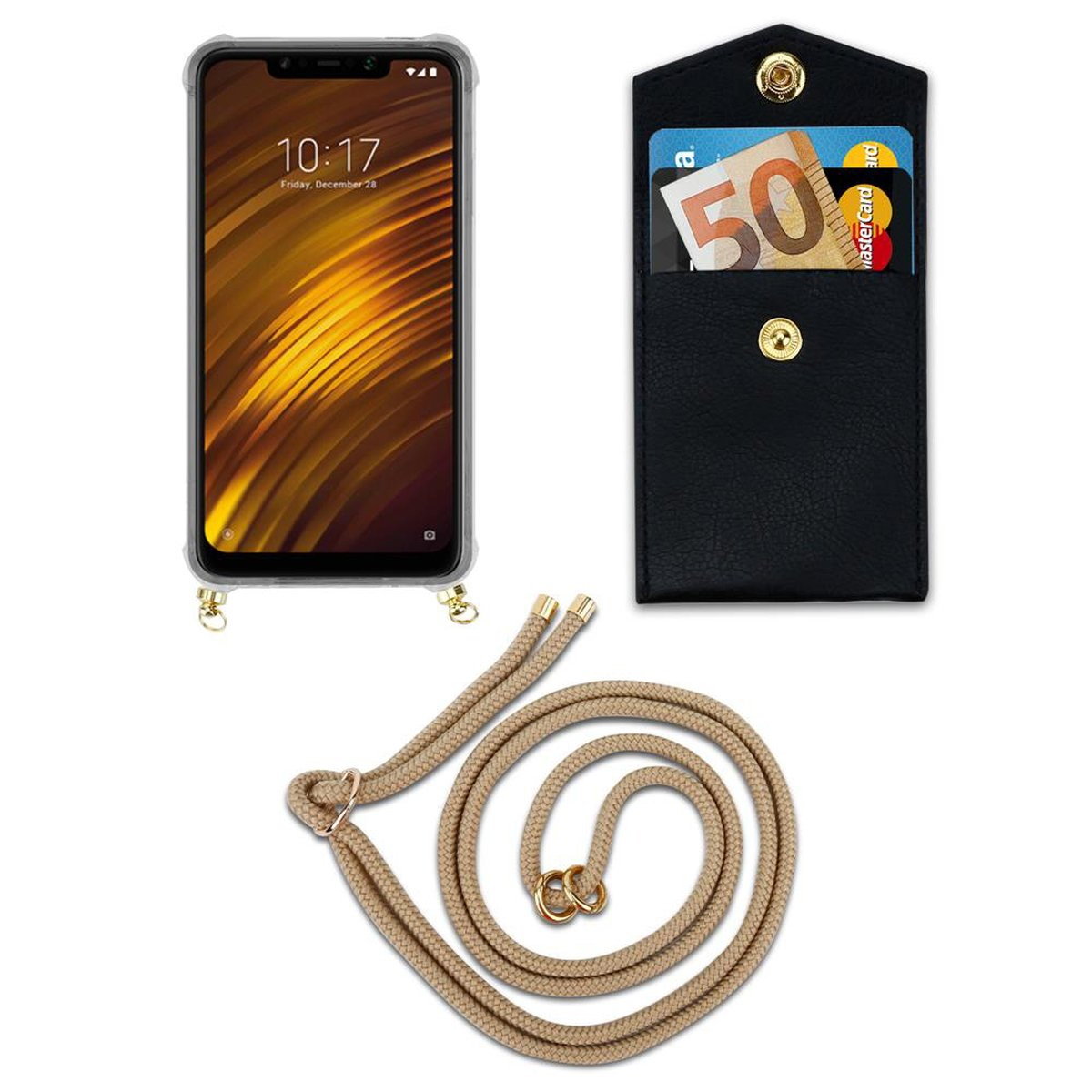 GLÄNZEND Backcover, Handy Ringen, Gold mit F1, Kette BRAUN abnehmbarer Pocophone Hülle, und CADORABO Xiaomi, Band Kordel