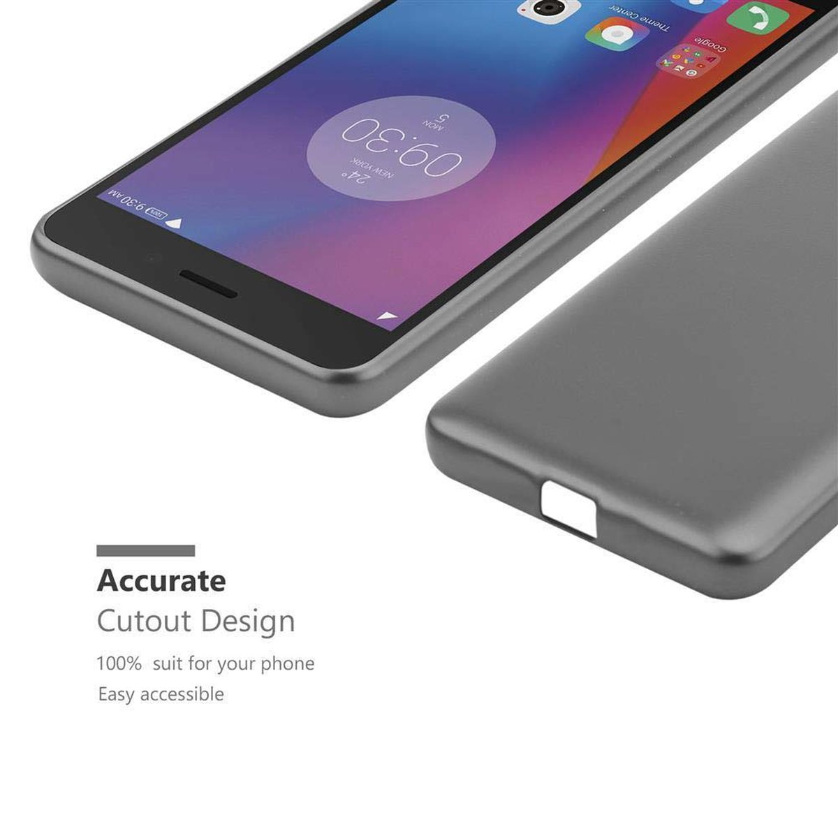 Primo piano di due telefoni, uno con schermo che mostra l'ora. Testo: Design di ritaglio accurato.