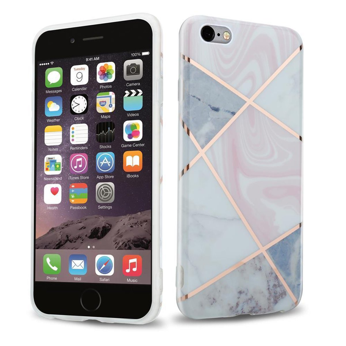 Weißes Telefon mit marmorähnlichem Muster. Die Hülle hat rosa und goldene Linien. Die andere Hülle ist an der Seite abgebildet.