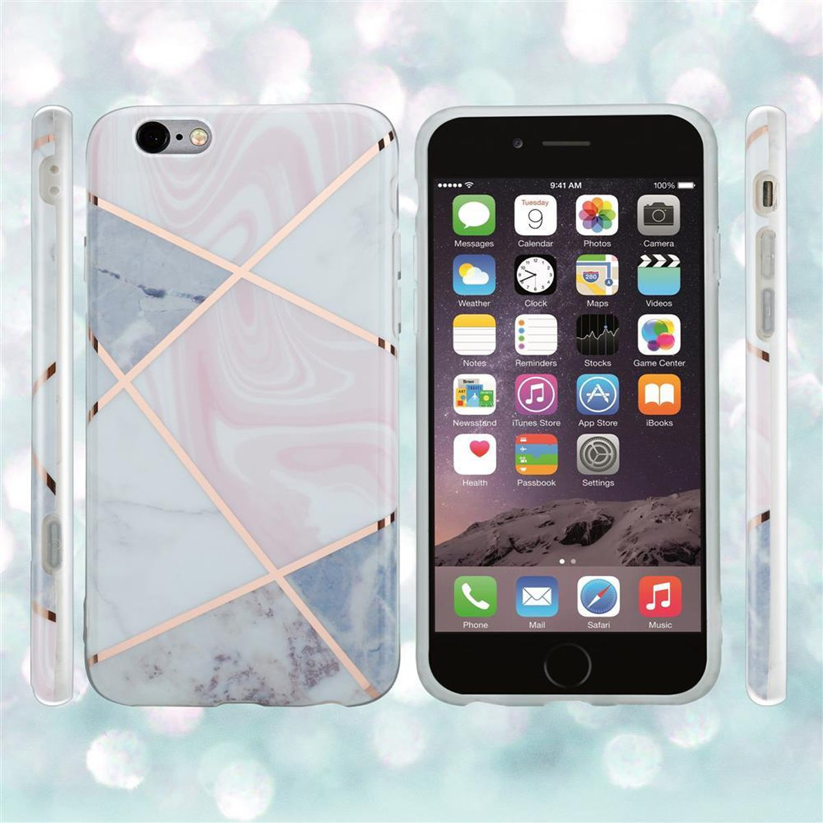 Ein Telefon in einer Hülle mit marmorähnlichem Design und weißem Hintergrund.