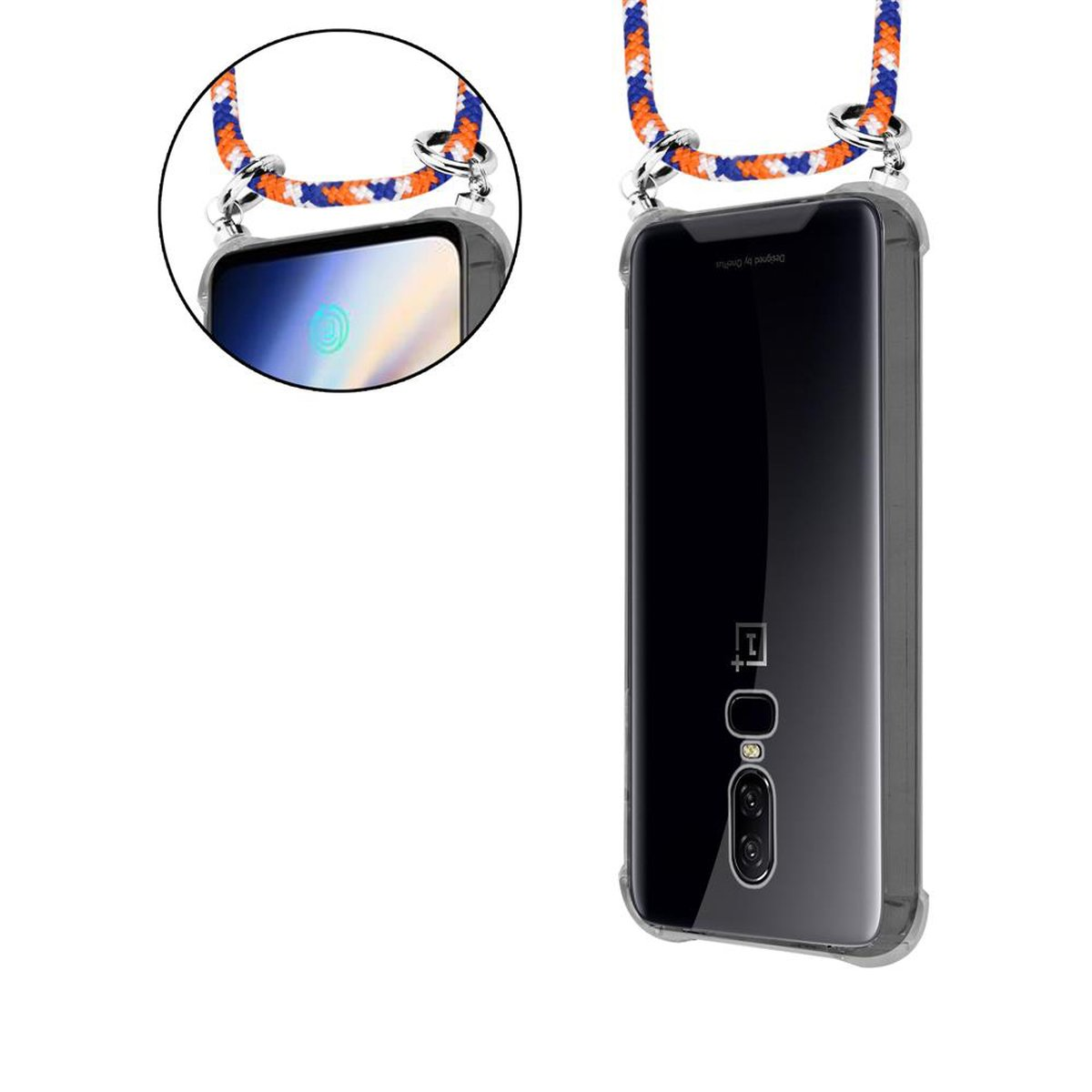 CADORABO Handy Kette mit Ringen, Kordel WEIß abnehmbarer 6, und BLAU Silber ORANGE OnePlus, Hülle, Backcover, Band