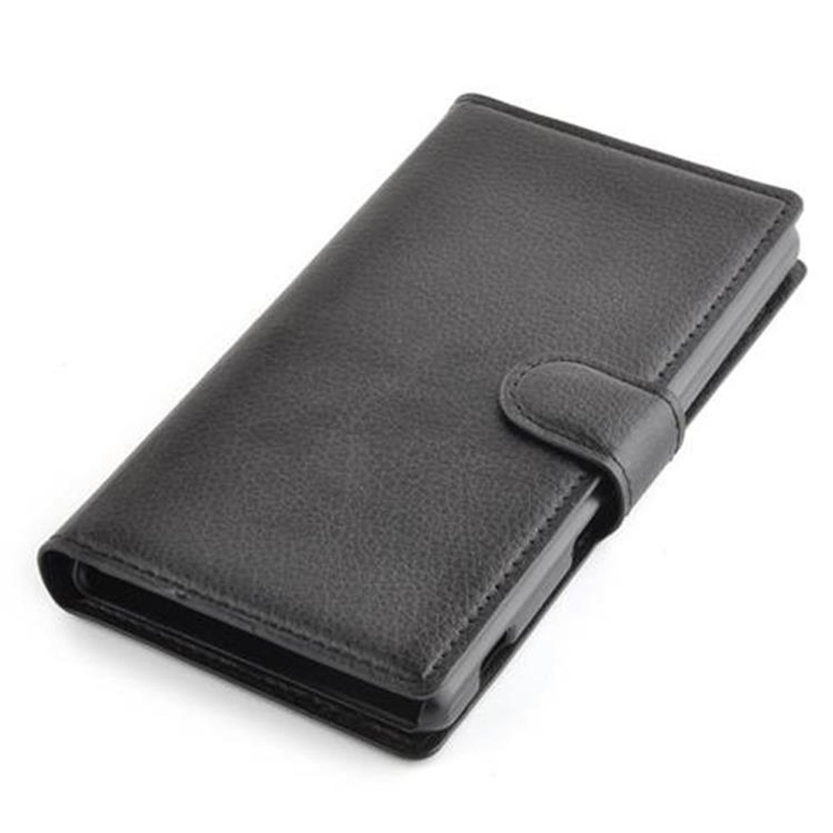 Funda negra para teléfono, cerrada. La funda tiene un cierre para cerrarla.