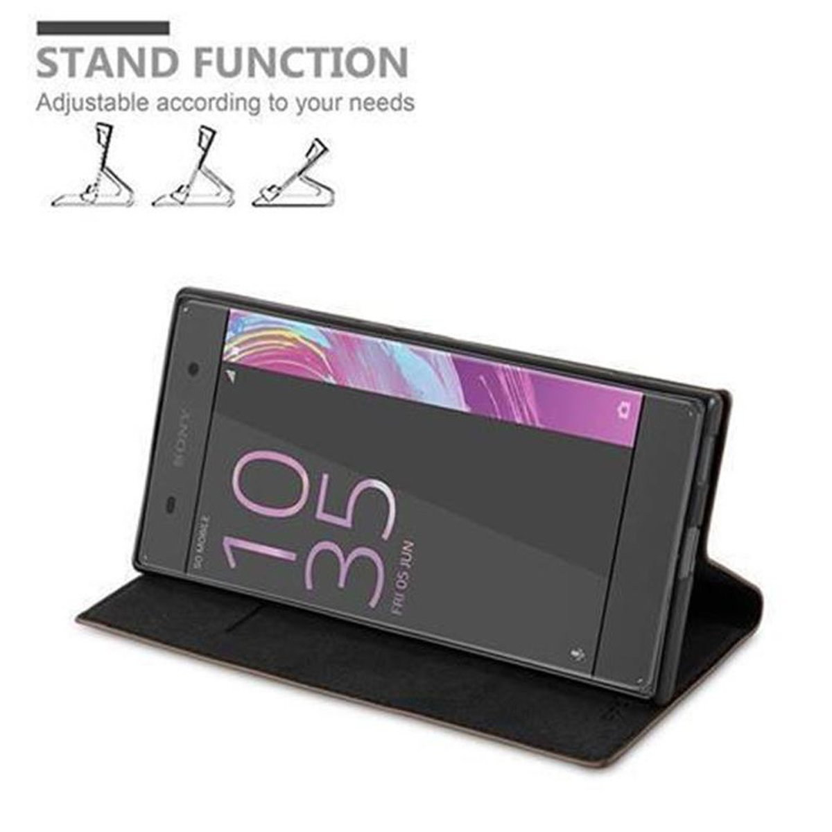 Teléfono negro en una funda, configurado como soporte. El texto dice Función de soporte, ajustable.