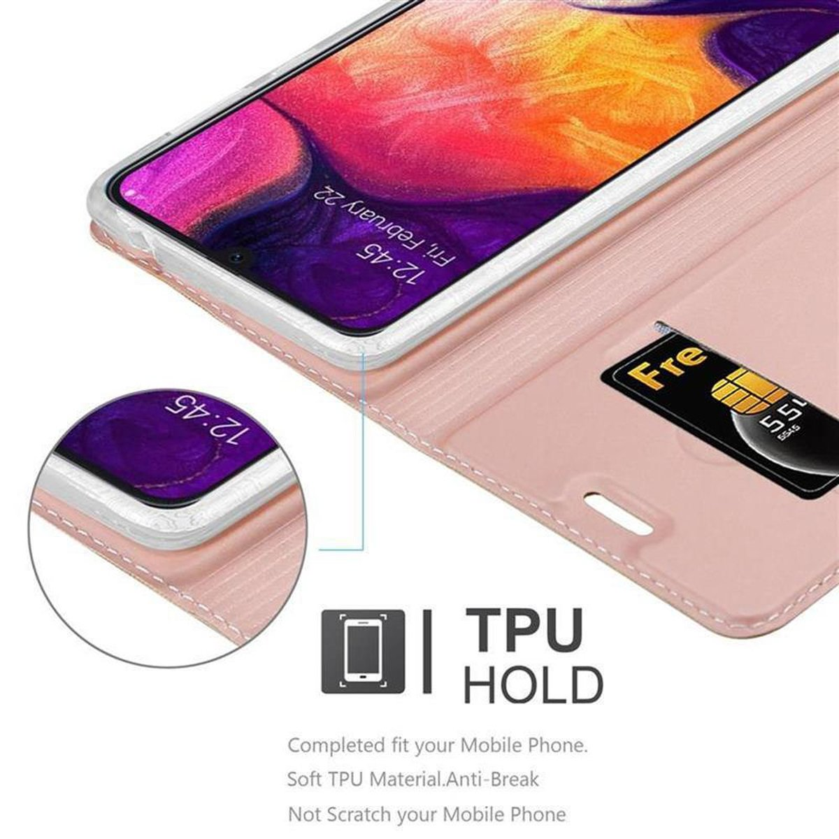 Custodia rosa per telefono aperta, un telefono dentro e una SIM card. L'ora visualizzata è 12:45.