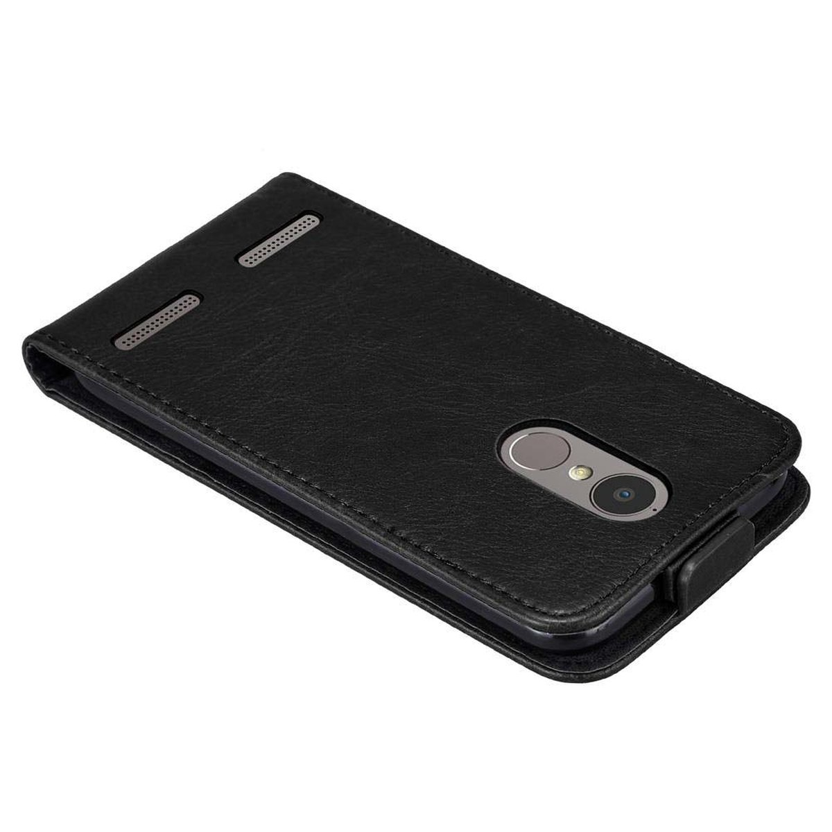 Schwarze Handyhülle mit Telefon. Der Koffer ist geschlossen. Die Kamera ist sichtbar.