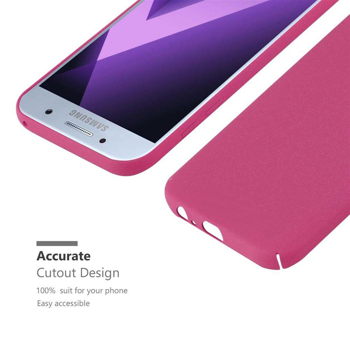 Rosa Handyhülle mit einem Samsung-Telefon, abgewinkelte Ansicht.