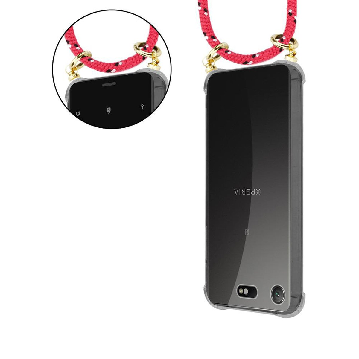 Handyhülle mit rot-weißem Kordel. Das Telefon ist schwarz. Goldene Ringe verbinden die Kordel mit dem Telefon.