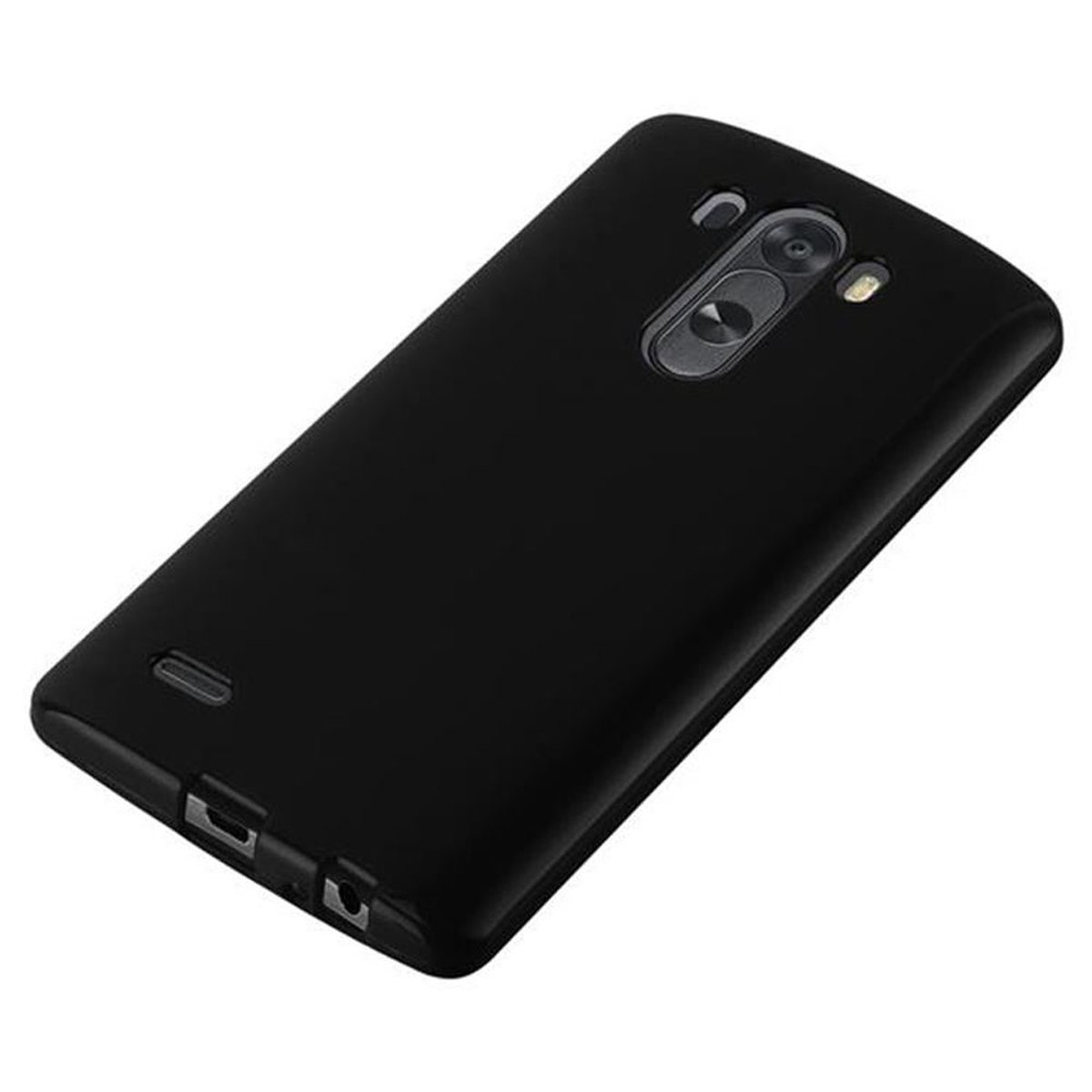 Custodia nera per telefono. La custodia ha un ritaglio per la fotocamera e il flash.