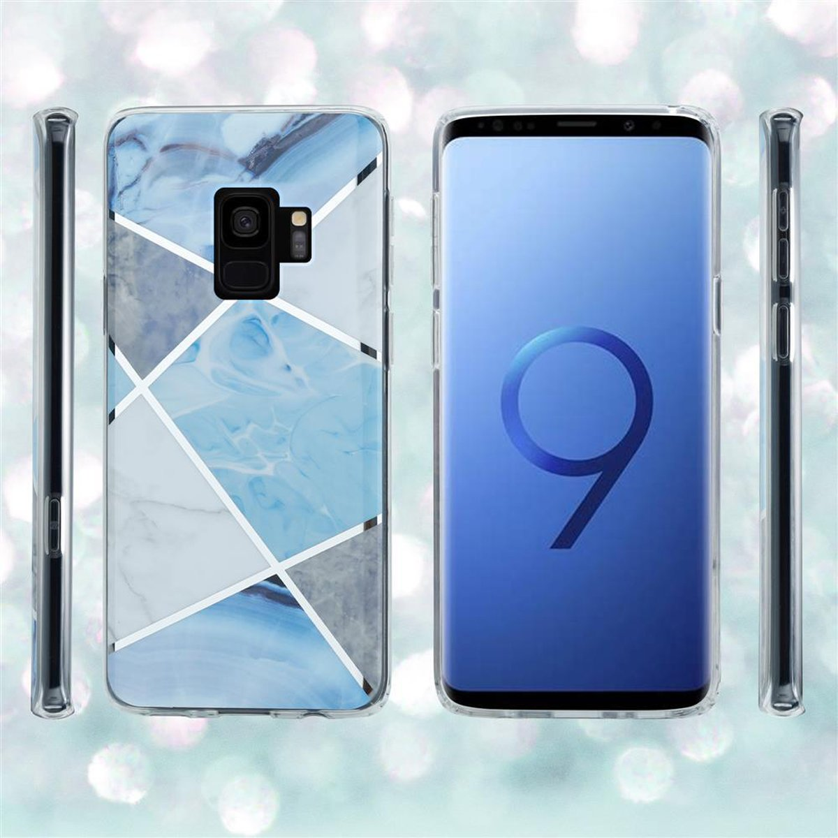 Due smartphone. Uno con custodia in marmo blu, l'altro con schermo blu.