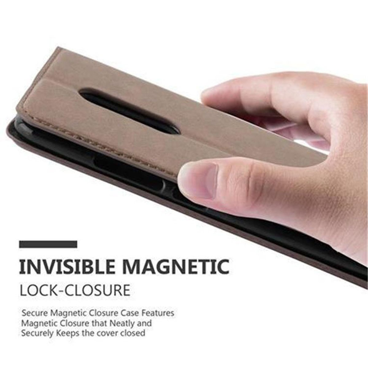 Mano che tiene una custodia per telefono. Testo: Chiusura magnetica invisibile.
