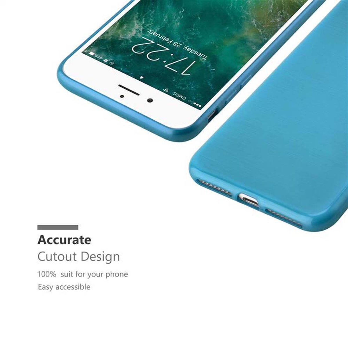 Funda azul para teléfono con pantalla que muestra la hora y la fecha. Una segunda funda está al lado.