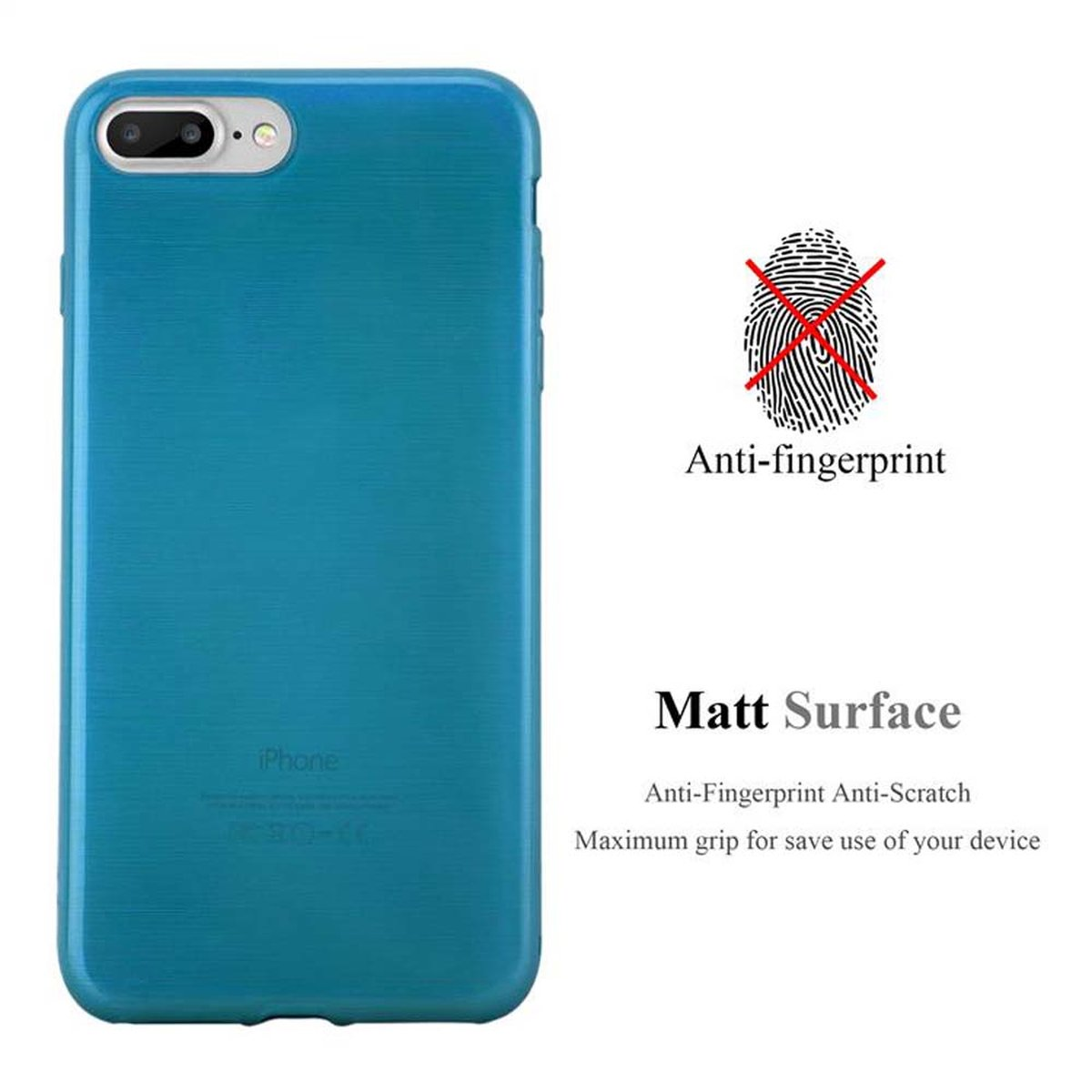 Funda azul para iPhone con texto. Huella dactilar tachada. Texto: Anti-huellas, superficie mate, antiarañazos.
