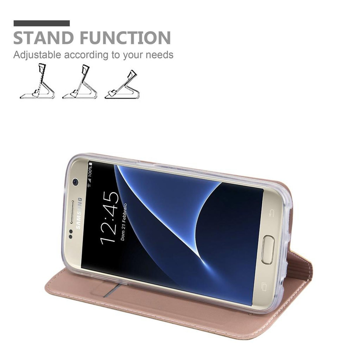 Un telefono in una custodia rosa, con funzione di supporto. I diagrammi mostrano diversi angoli di supporto.