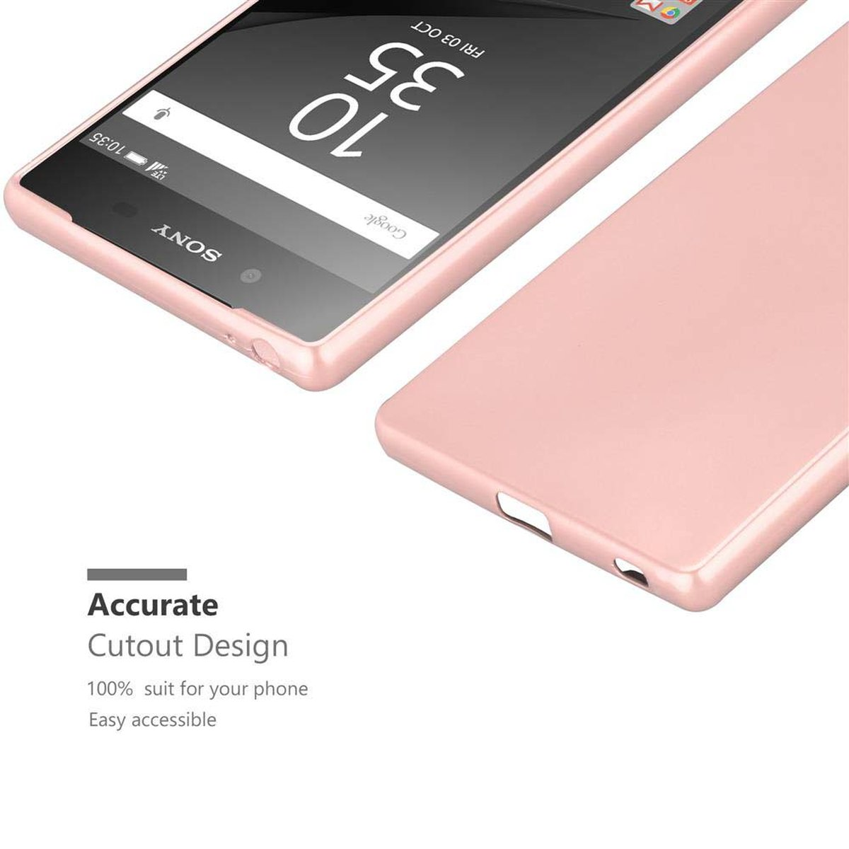 Custodia rosa per telefono, testo che indica un design di ritaglio accurato.