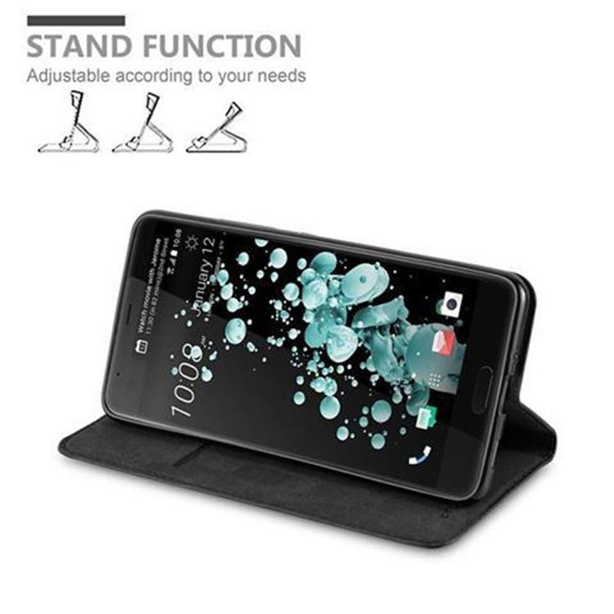 Telefono in una custodia, esposto. È su un supporto. Lo schermo mostra l'ora e icone.