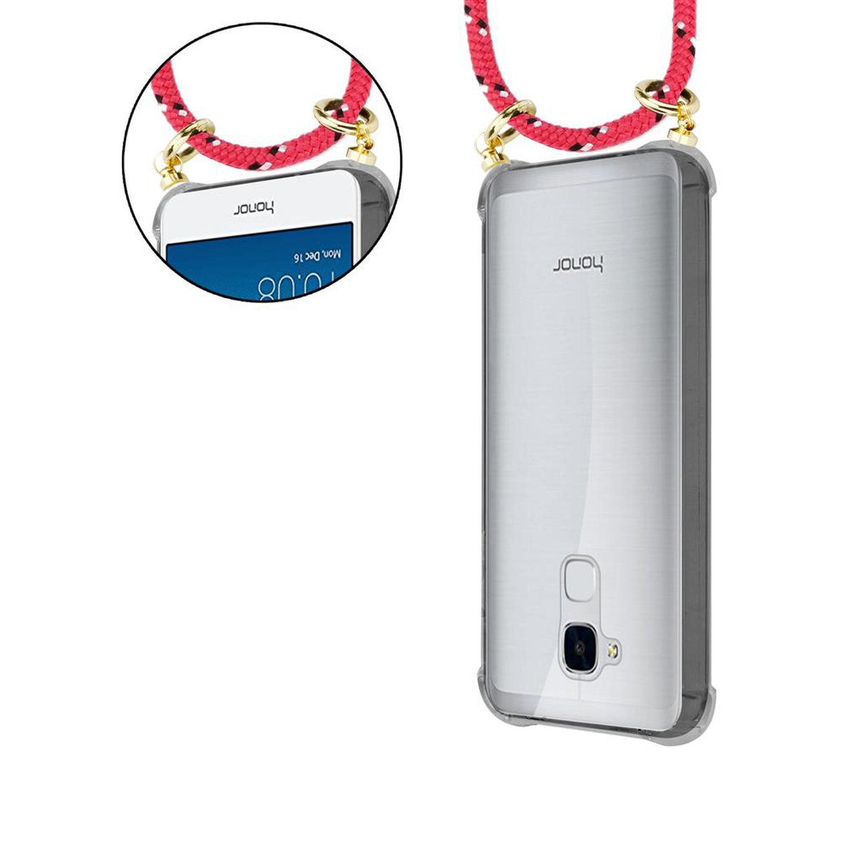Ein Telefon mit klarer Hülle und rotem Schlüsselband. Das Telefon zeigt einen Sperrbildschirm.
