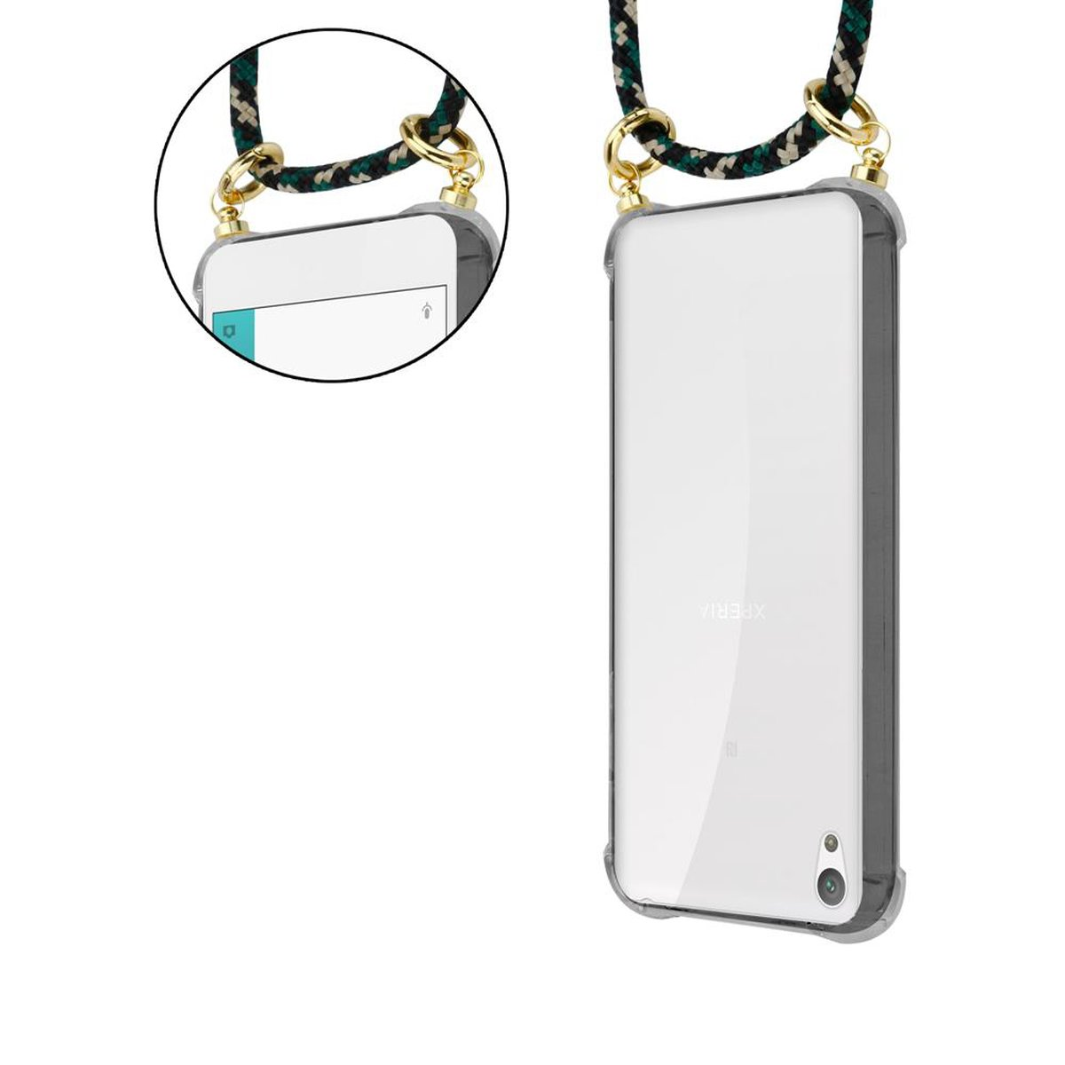 Zwei Telefone mit Hüllen und einem Umhängeband. Beide Telefone sind leer.