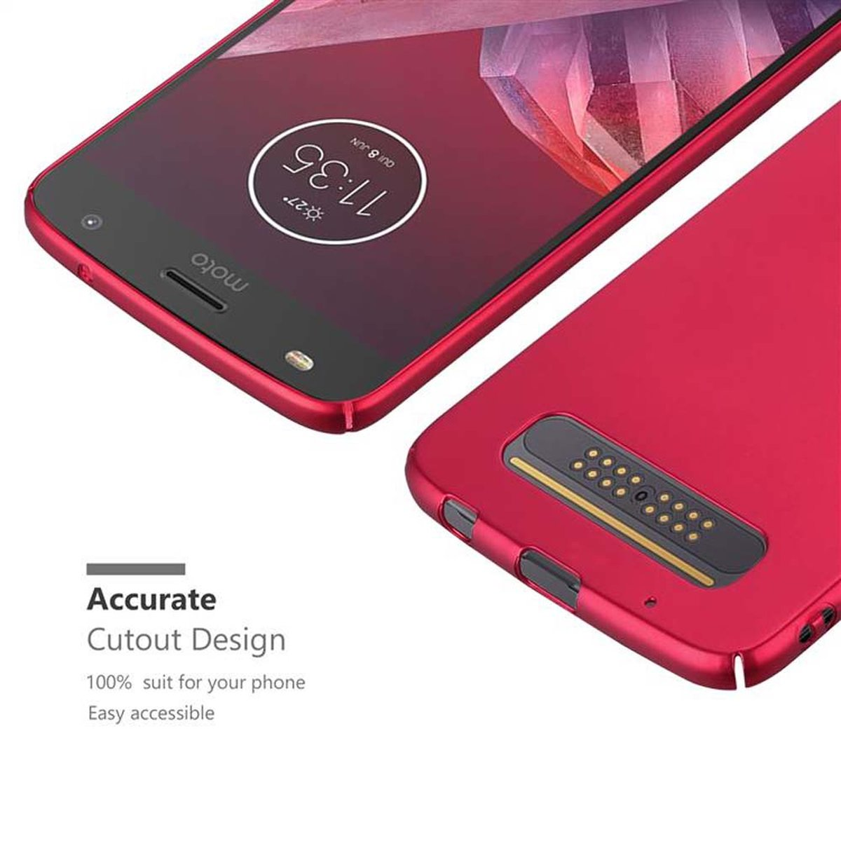 Custodia rossa con telefono davanti, mostra ora e retro.