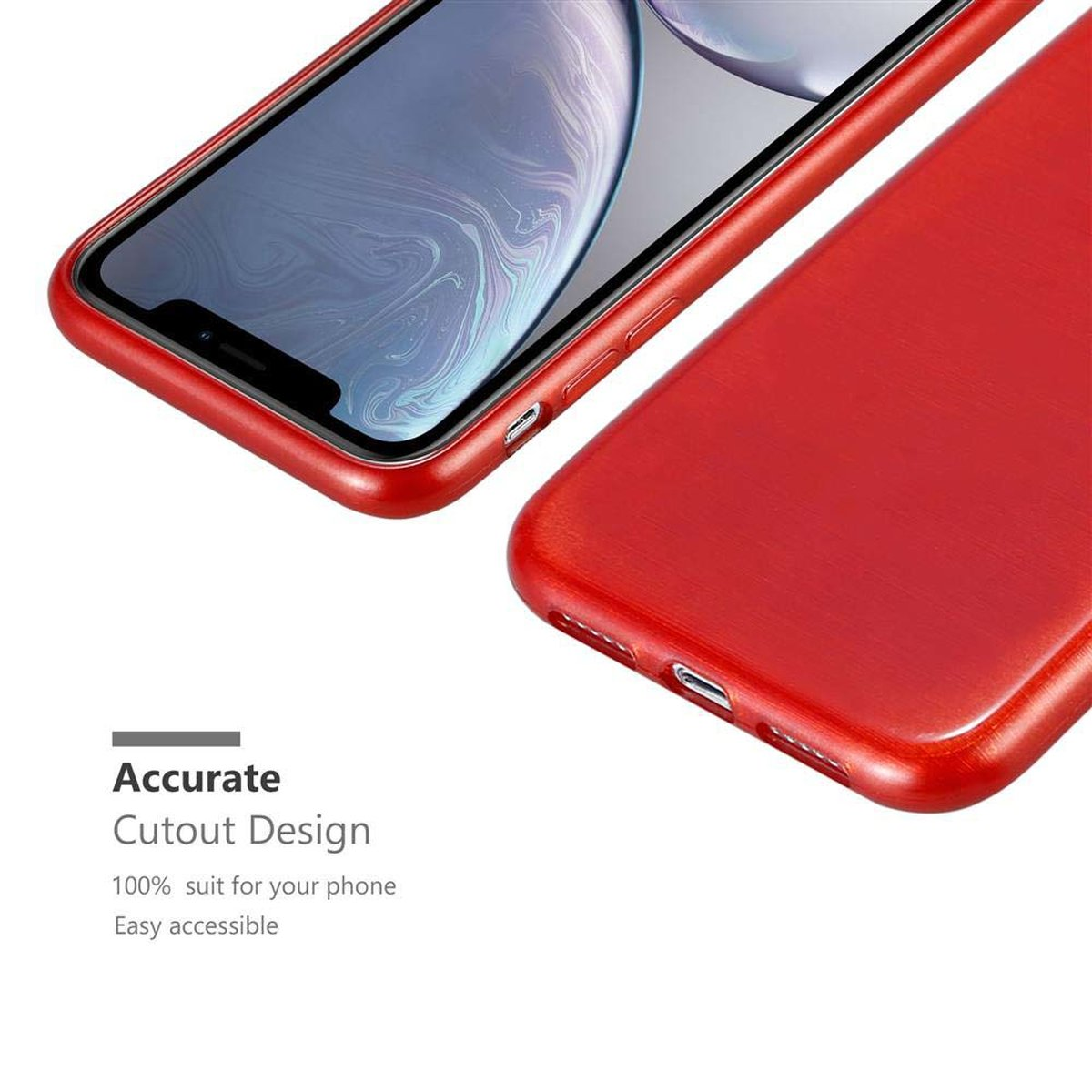 Un primo piano di una custodia rossa per telefono. La custodia è su un telefono.