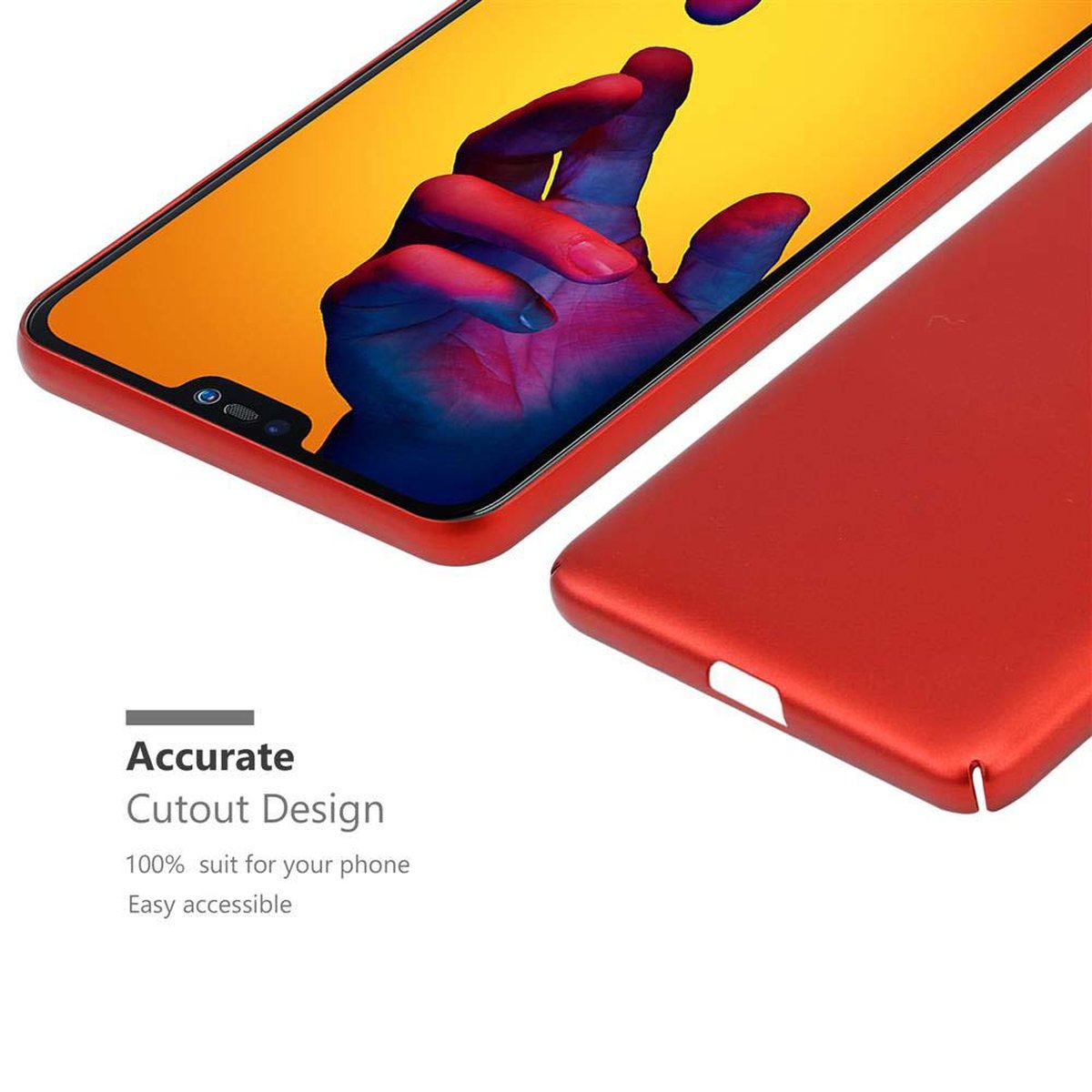 Telefono con custodia rossa, mostra schermo colorato. Accanto al telefono c'è una cover rossa.