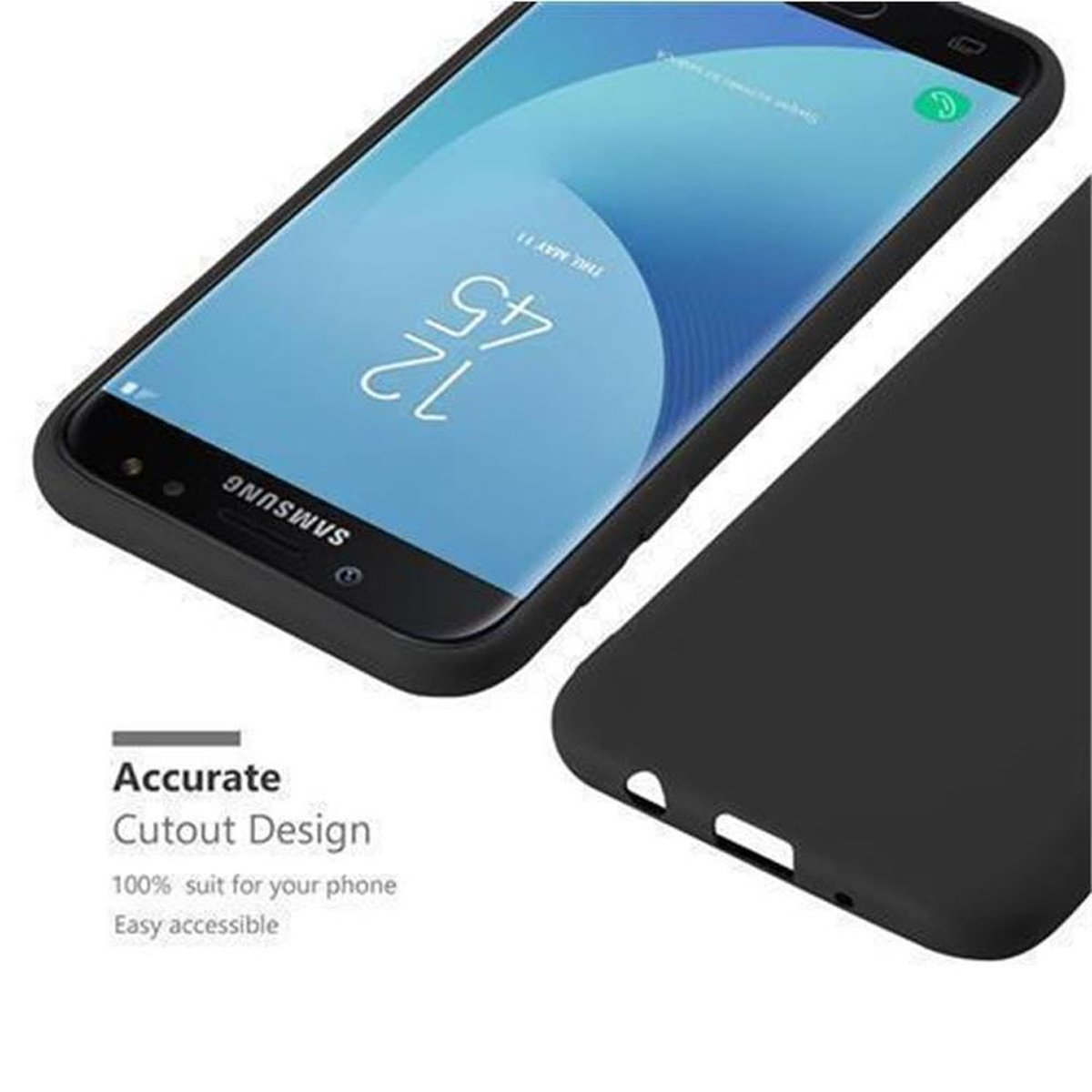 Teléfono negro con pantalla mostrando la hora, en una funda negra. Otra funda está al lado.