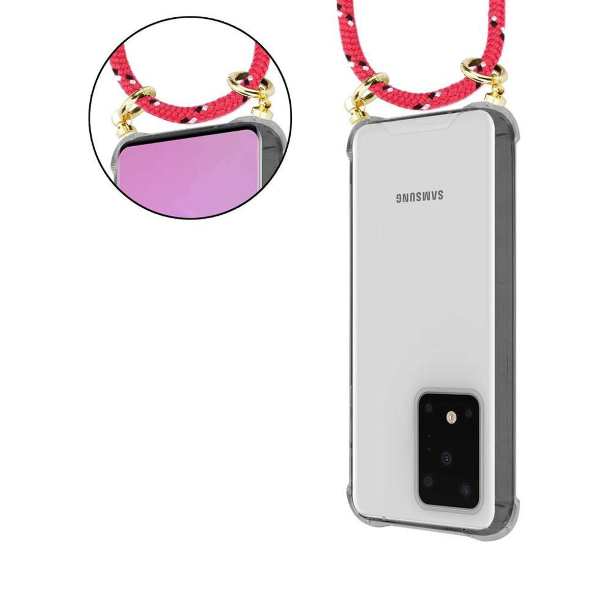 Un telefono con custodia trasparente e cordino. Lo schermo del telefono è visibile.