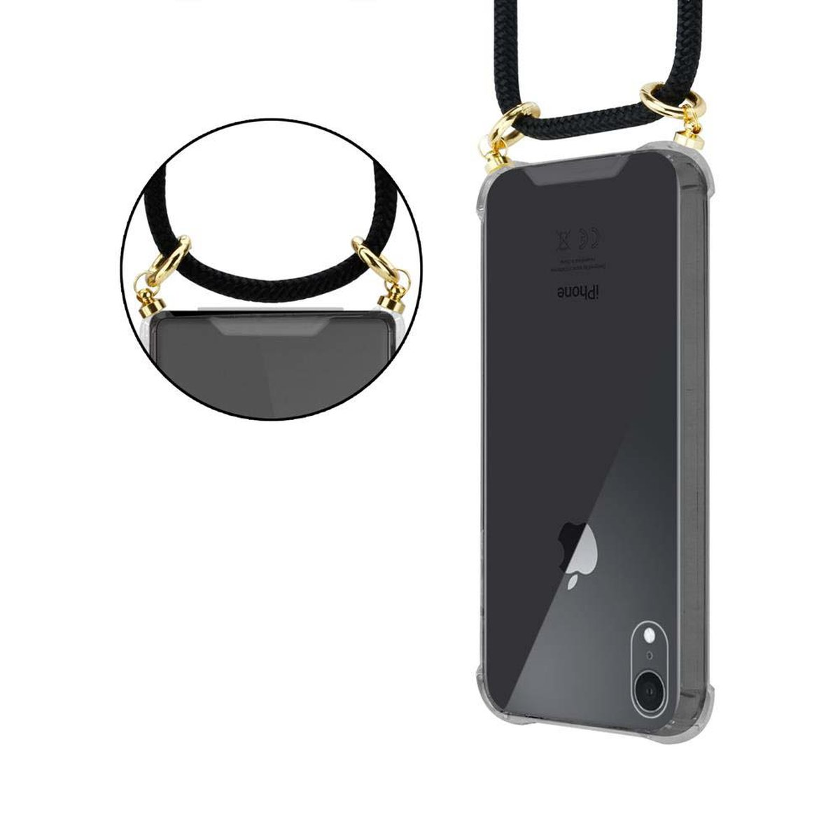 Kordel Handy Ringen, iPhone und Band Hülle, Backcover, SCHWARZ mit CADORABO Apple, XR, Gold abnehmbarer Kette