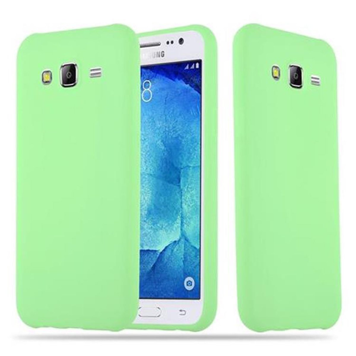 Un teléfono blanco en una funda verde claro. El teléfono está centrado, con las piezas a cada lado.