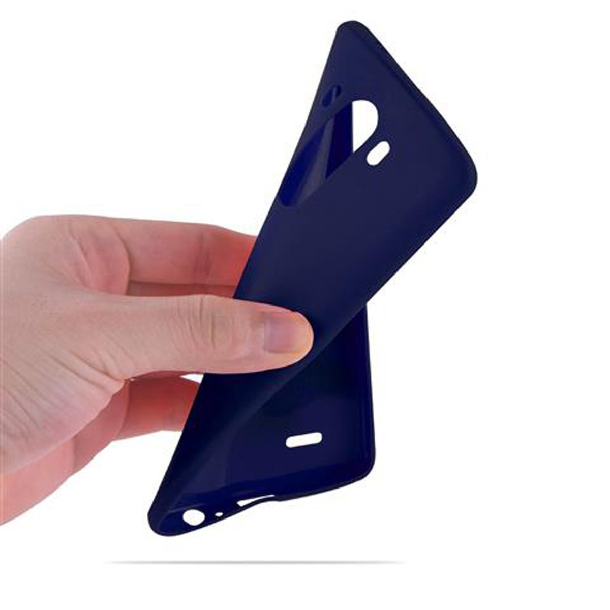 Eine Hand hält eine dunkelblaue Handyhülle. Die Hülle hat Aussparungen für Kamera und Tasten.