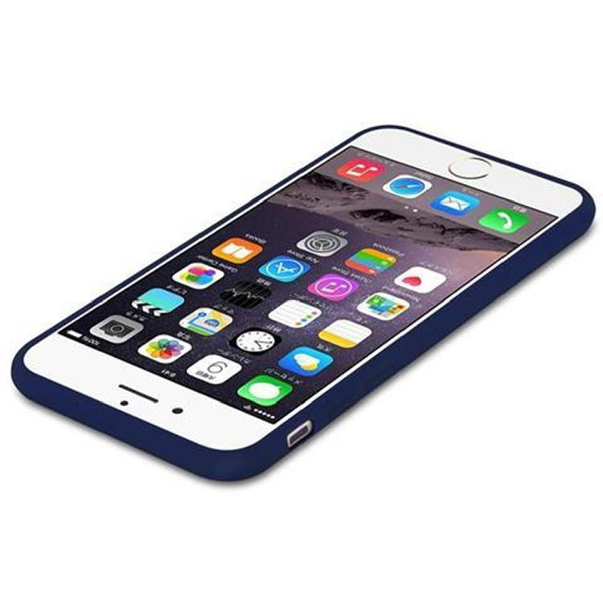Ein Smartphone mit blauem Gehäuse zeigt Apps auf einem weißen Bildschirm. Der Hintergrund ist weiß.