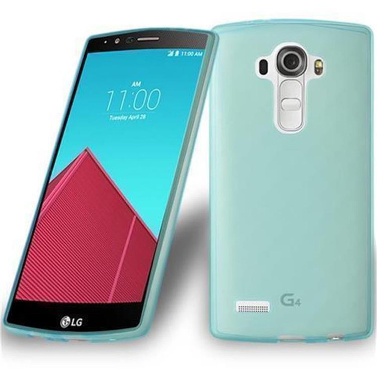 Dos teléfonos, una funda azul. Uno muestra la hora. El otro tiene cámara y marca G4.