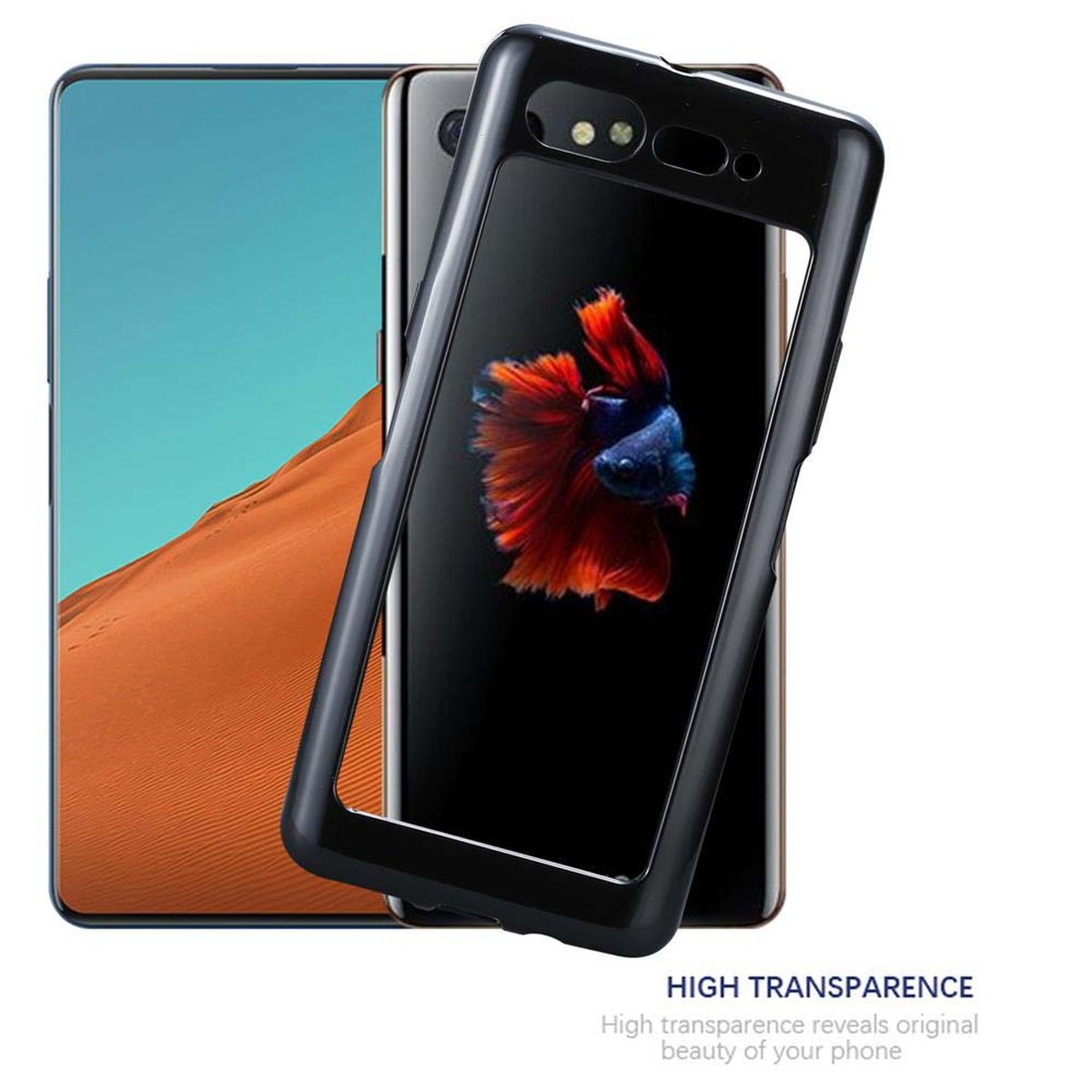 Tres teléfonos: uno con desierto, otro con pez y otro con funda transparente.