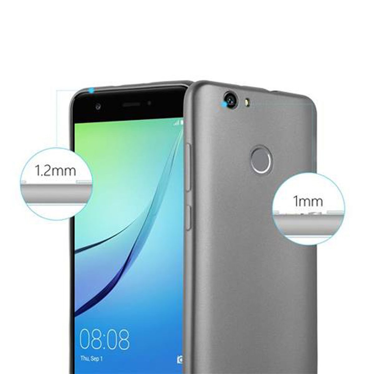 Telefon und Hülle. Hülle ist grau. Das Telefon zeigt die Uhrzeit an. Text zeigt 1,2 mm und 1 mm.
