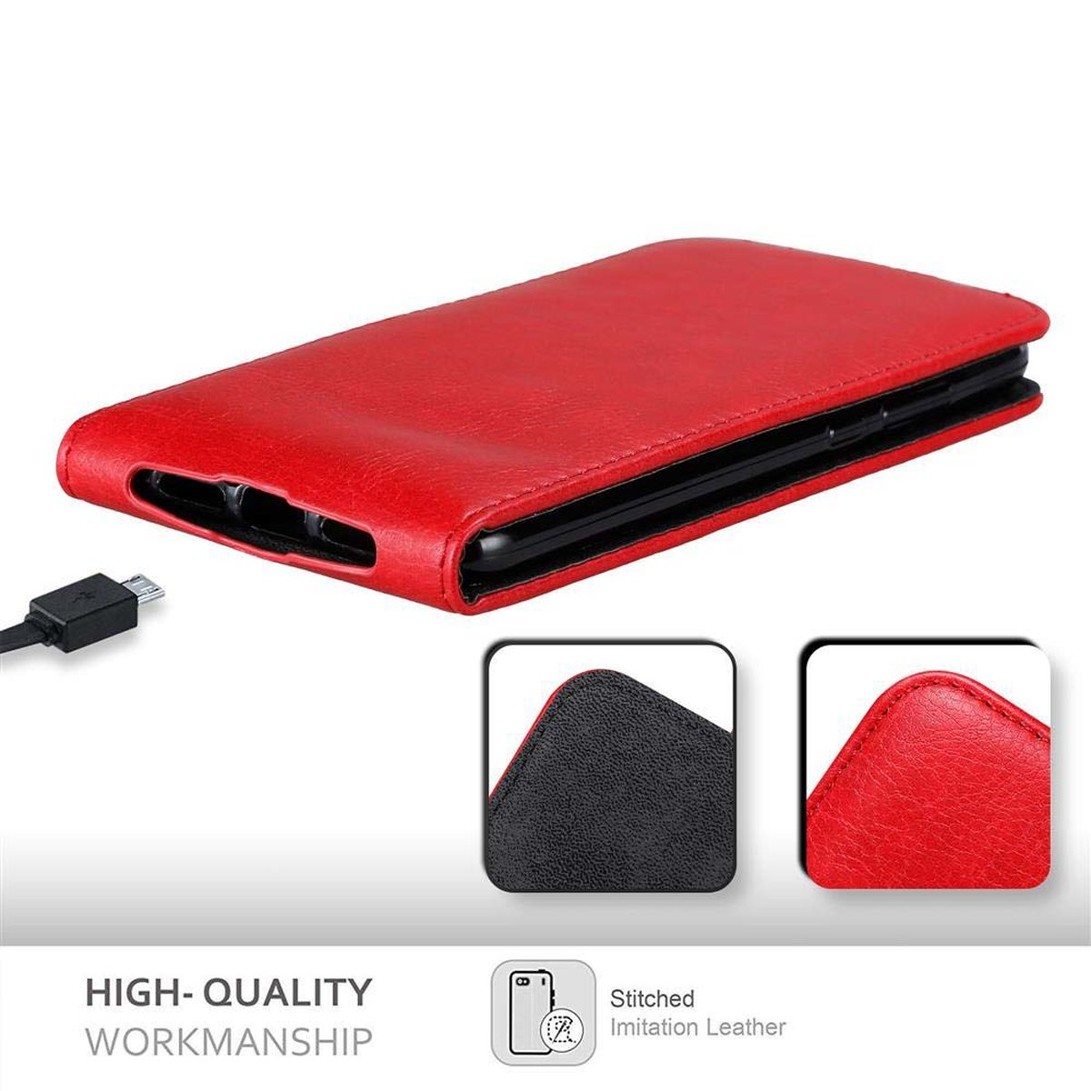 Custodia per telefono in pelle rossa, con interno nero. Un cavo di ricarica è collegato.