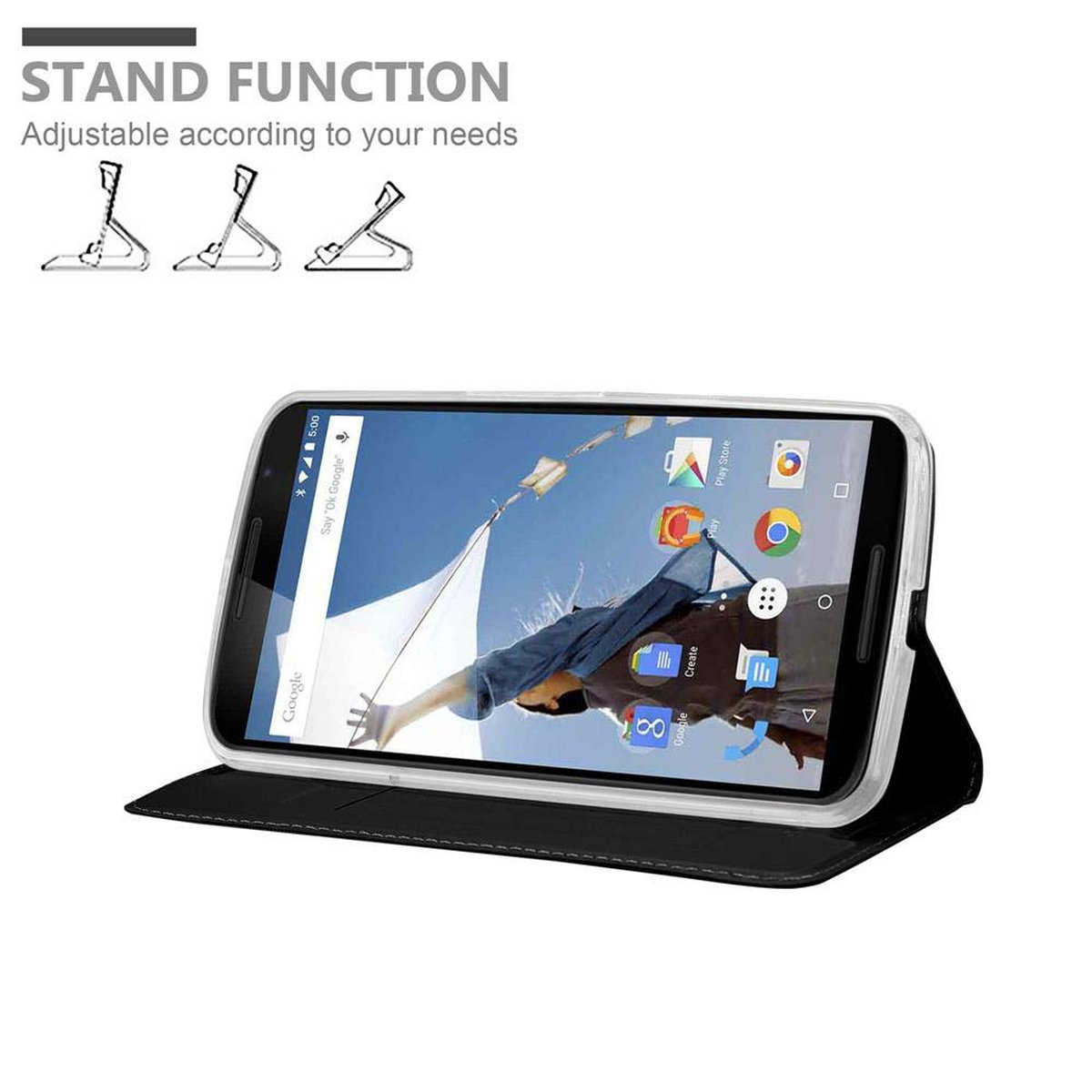 Teléfono con funda en un soporte, con un texto 'STAND FUNCTION' en la parte superior.