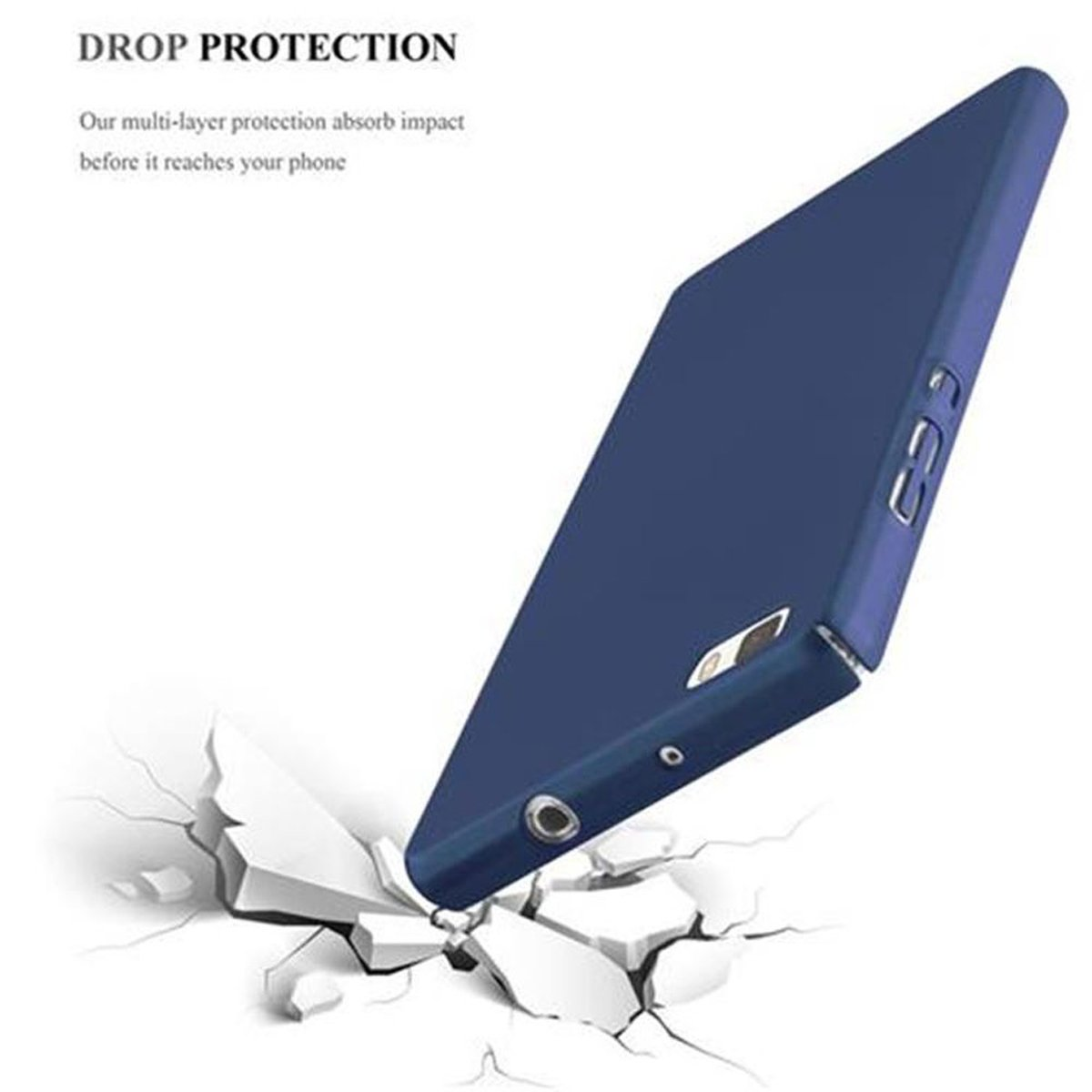 Funda de teléfono azul sobre fondo blanco con grietas. La funda está en la parte superior.
