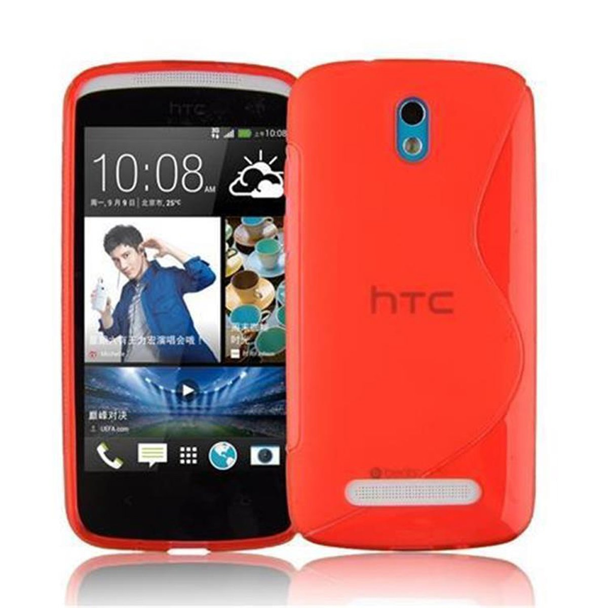 Orangefarbene Handyhülle mit einem HTC-Telefon, das einen Mann auf dem Bildschirm zeigt.
