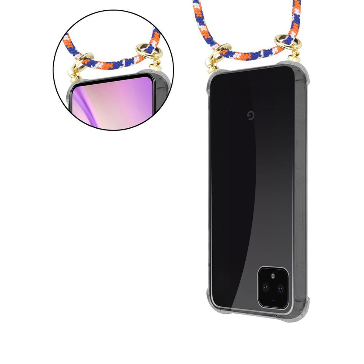 Handyhülle mit Umhängeband. Telefon ist schwarz. Lanyard ist orange und blau. Der Bildschirm zeigt Details.