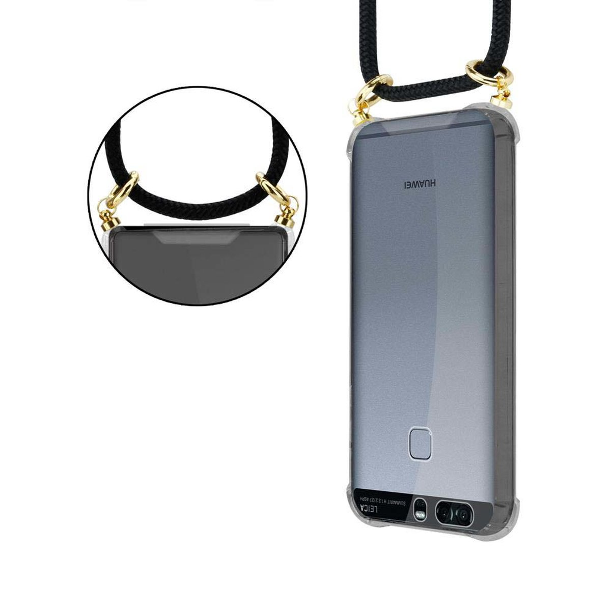 P9, Band Handy Kordel CADORABO SCHWARZ Hülle, Huawei, Backcover, abnehmbarer Ringen, mit Kette Gold und
