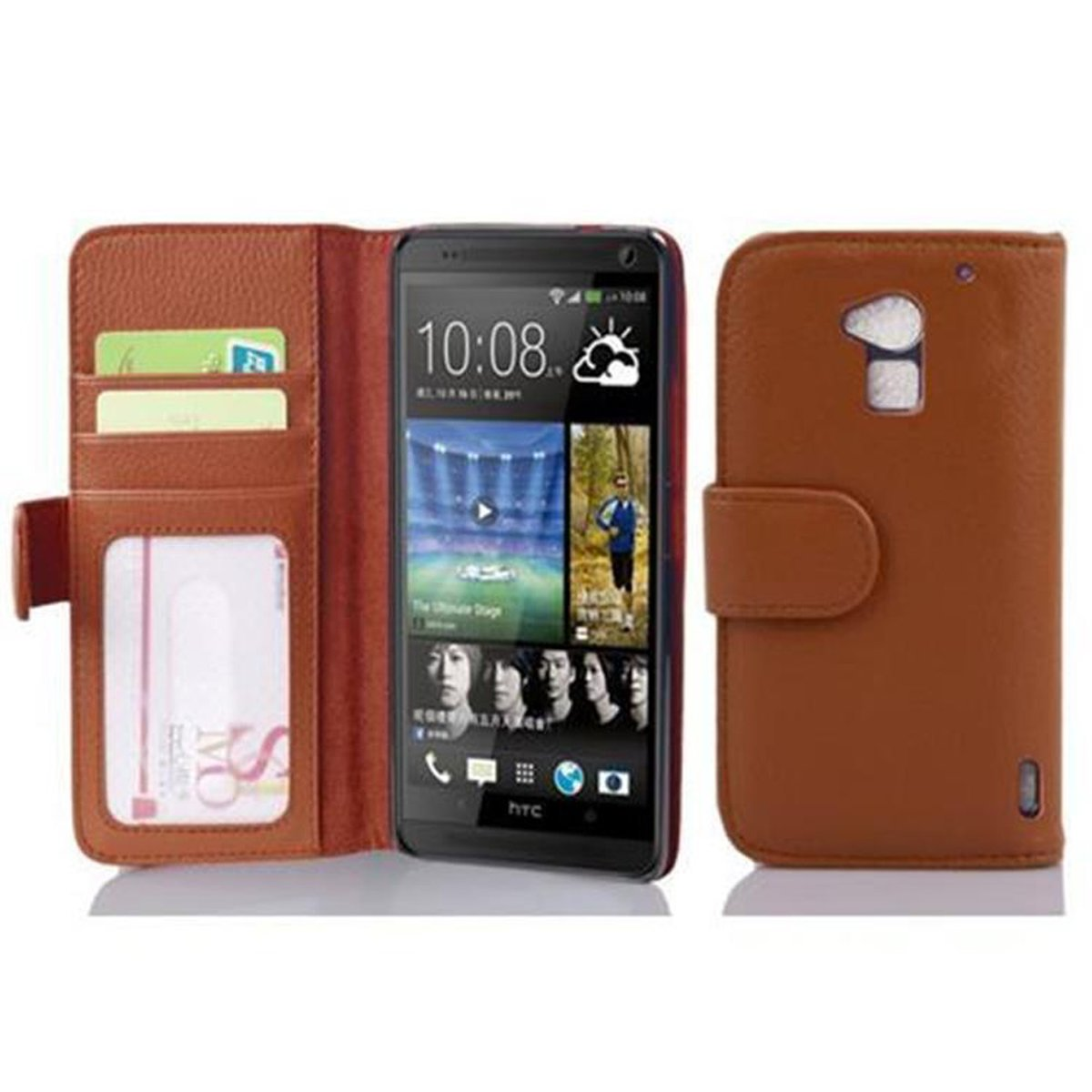 BRAUN MAX Book Standfunktuon, Kartenfach Bookcover, HTC, CADORABO T6, ONE Hülle mit COGNAC