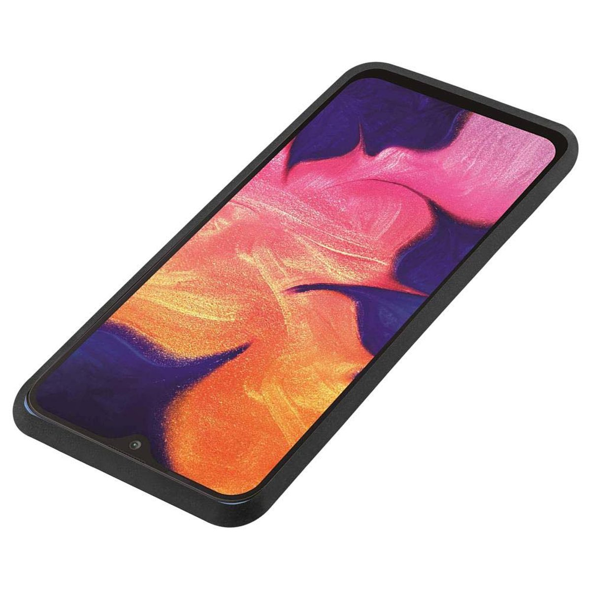 Un telefono in una custodia nera, che mostra uno sfondo astratto rosa e arancione.