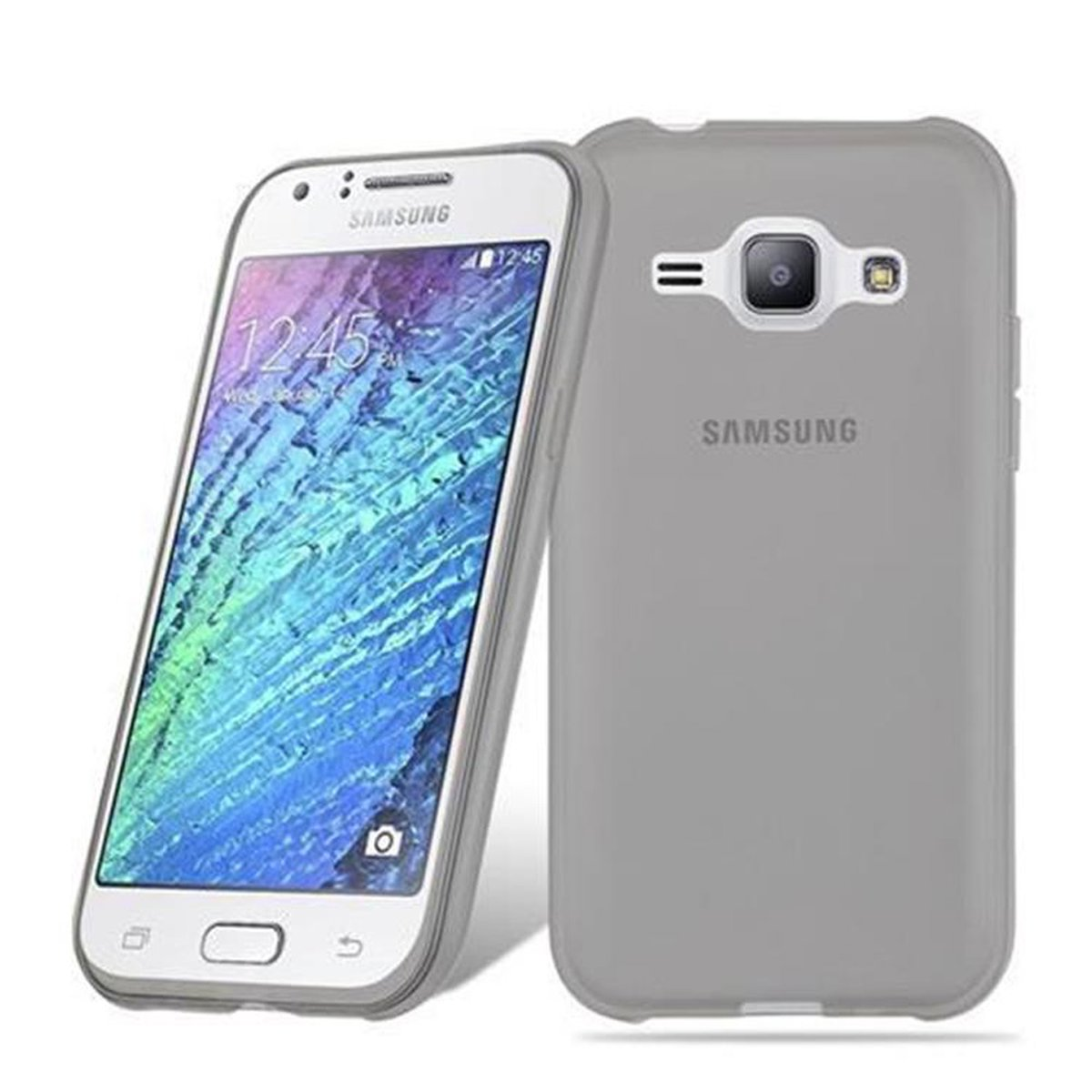 Ein Samsung-Telefon mit grauem Gehäuse, das den Bildschirm des Telefons und die Rückseite des Gehäuses zeigt.