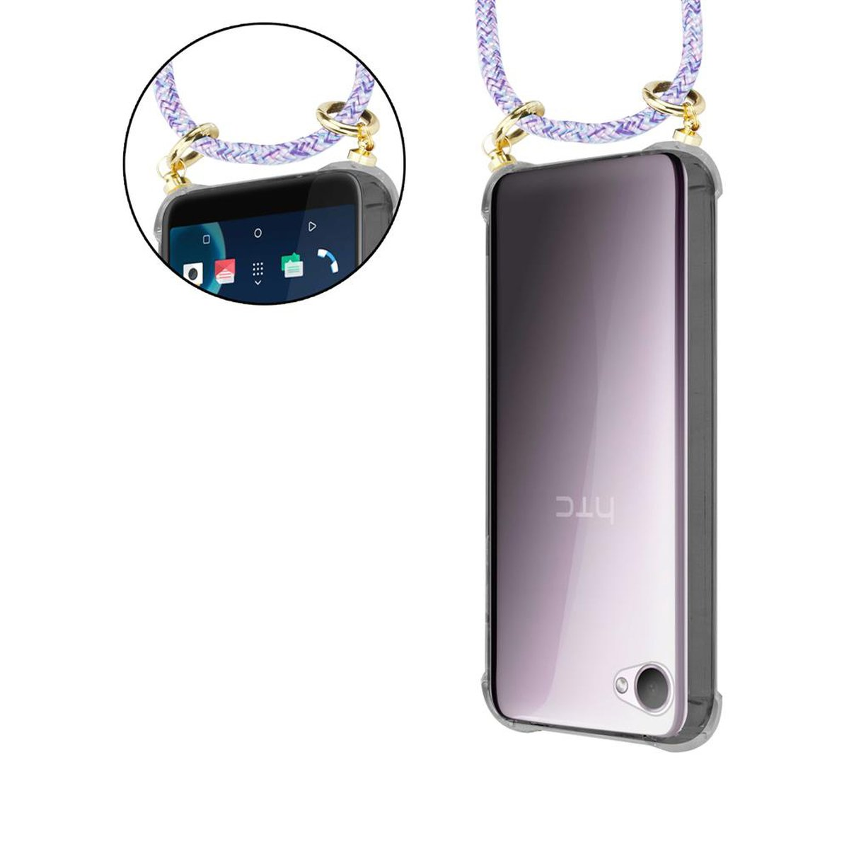 Ein Telefon in einer transparenten Hülle, ein lila und weißer Handyriemen auf weißem Untergrund.