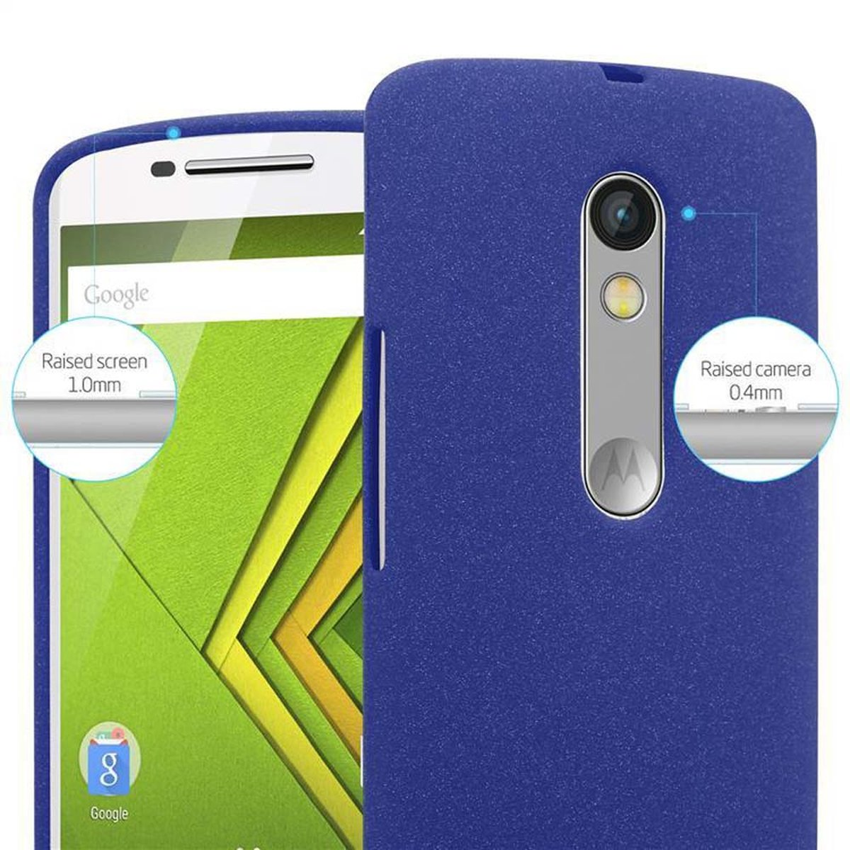 Custodia blu per telefono con un telefono Motorola, che mostra i dettagli dello schermo e della fotocamera.